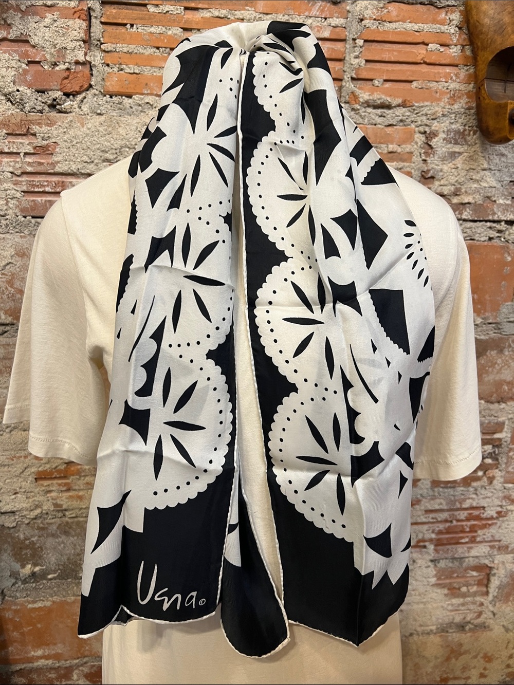Vintage Vera Neumann black and White Patterned Oblong Scarf 44” x 14” handrolled